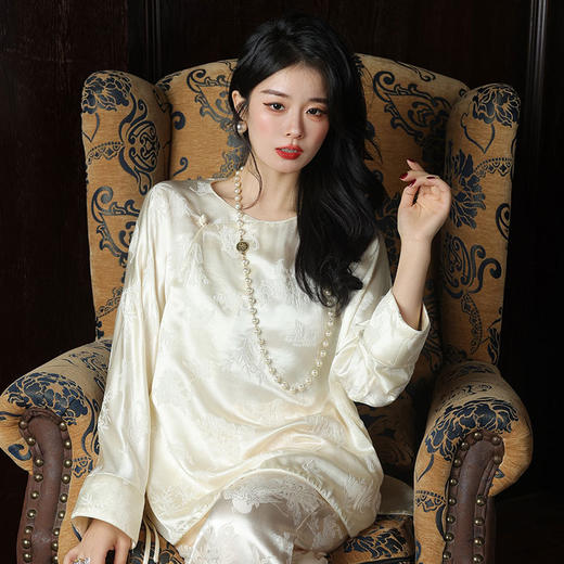 T8066秋新款上衣中式改良斜襟外搭真丝冠乐绉提花衬衫桑蚕丝女装 商品图2