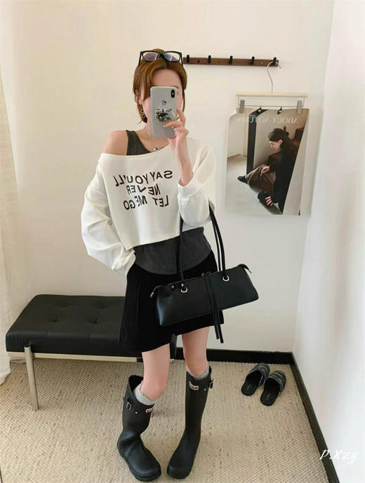 【GZ】无忧购 秋季慵懒风一字领字母T恤女背心长袖打底衫女士二件套T恤8327（截单后3-5天发货） 商品图2