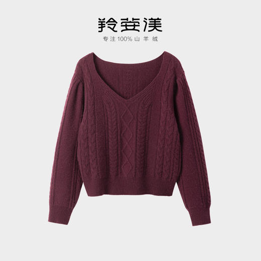 羚荌渼V领少女感绞花加厚羊绒衫 商品图1