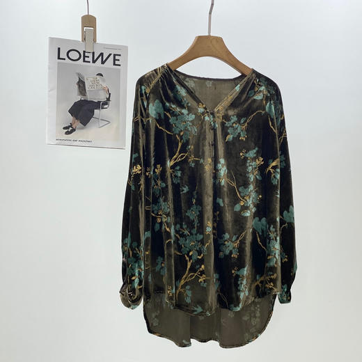 双色新款真丝丝绒灯笼袖印花外套复古新中式V领汉服唐装雅韵上衣 商品图1