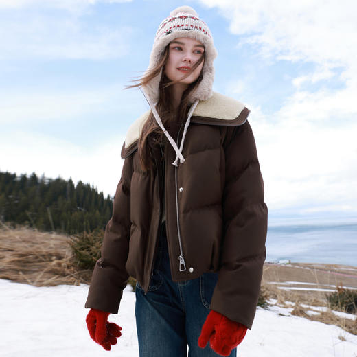 三彩2025冬季新款短款羽绒服90白鸭绒毛绒翻领面包服保暖时尚M 商品图1