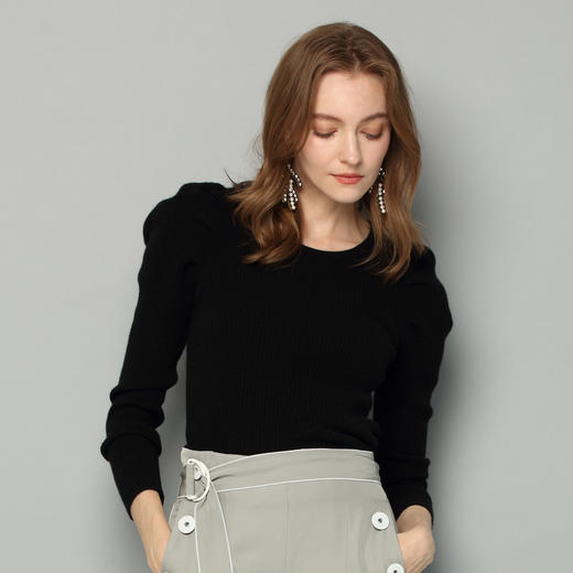羚荌渼U领气质显瘦抽条加厚黑色羊绒衫女 商品图1