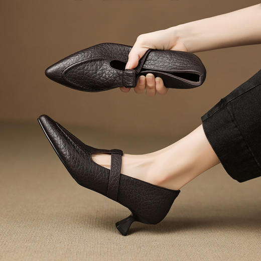 【预售5天】秋季新款5cm气质法式羊皮尖头浅口丁字带粗跟通勤优雅单鞋JLY&18-783 商品图1