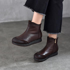 TN T6815-72R侧拉链平底软底短靴复古休闲加绒保暖棉鞋