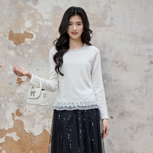 奢姿大码女装2025秋季减龄钉珠圆领衬衫胖妹妹蕾丝花边拼接上衣 商品图0