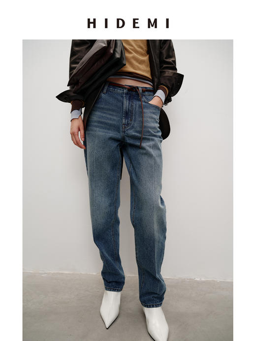 HIDEMI 都市单宁进口多重水洗做旧感挺缝线中腰锥形牛仔裤长裤 商品图0