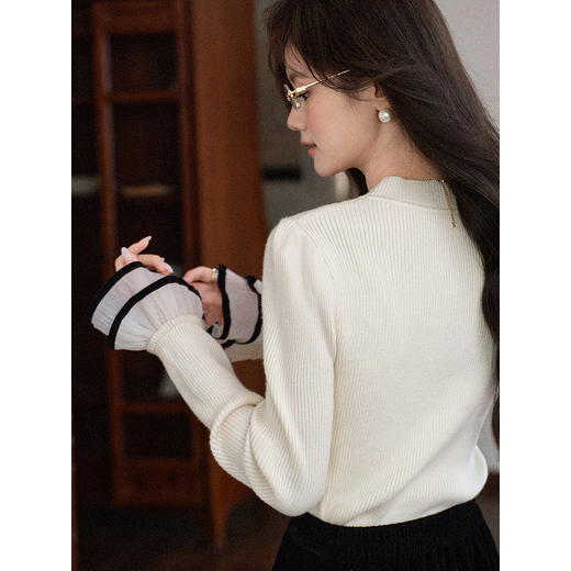 鹿向南「月光织章」长袖杏色针织衫女秋季法式显瘦上衣内搭打底衫 商品图3