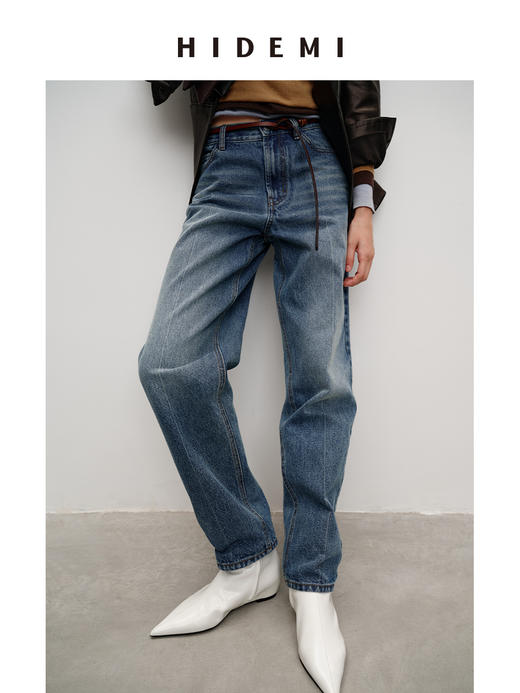 HIDEMI 都市单宁进口多重水洗做旧感挺缝线中腰锥形牛仔裤长裤 商品图1