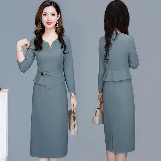 V领假两件连衣裙，气质修身时尚优雅女士过膝裙子QYM- TYH99H228 商品图1