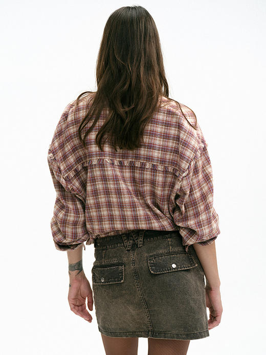 TR她热 叛逆东区 红棕格纹系带宽松百搭设计感毛边衬衫 商品图1
