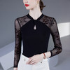 雀说别致镂空网纱拼接打底衫气质修身内搭t恤小衫黑色长袖女上衣AL46983 商品缩略图0