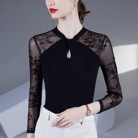 雀说别致镂空网纱拼接打底衫气质修身内搭t恤小衫黑色长袖女上衣AL46983