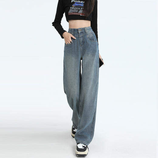 春季新款 腰以下全是腿！！【梦惠妮 星空纹复古牛仔裤】微喇版型 显瘦 显腿长 裤长自选 宽松遮胯 浅色高腰 休闲百搭 复古牛仔裤 #M663 商品图0