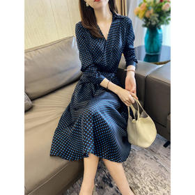 丁摩 v领长袖波点连衣裙女秋季新款高级感收腰显瘦中长a字裙 5ZF-0468