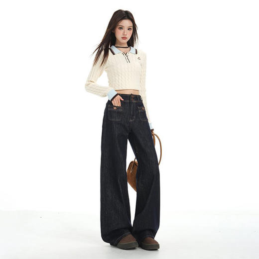 罗蒙女士牛仔裤金扣裤子显瘦深蓝色直筒裤百搭休闲阔腿宽松拖地牛仔裤 商品图2