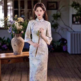 鎏金银珠缎长款倒大袖旗袍，浅紫色国风年轻款旗袍SJT-869