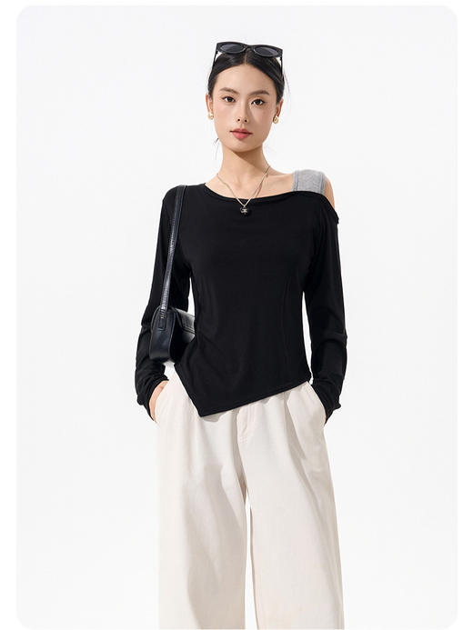【79/任选2件 斜肩软软打底衫】早秋韩系设计感挂脖斜肩打底衫上衣时尚气质长袖宽松显瘦露肩打底 商品图2
