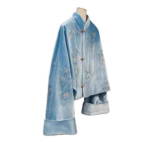 丁摩 新中式国风小个子立领盘扣唐装减龄蓝色印花丝绒外套女秋5ZF-9293 商品图4