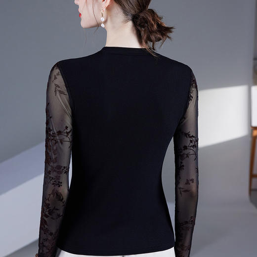 雀说别致镂空网纱拼接打底衫气质修身内搭t恤小衫黑色长袖女上衣AL46983 商品图4