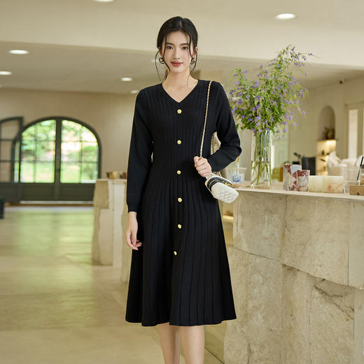 奢姿大码女装2025秋季时尚竖条纹设计V领连衣裙胖妹妹气质简约款9853894276 商品图0