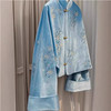 丁摩 新中式国风小个子立领盘扣唐装减龄蓝色印花丝绒外套女秋5ZF-9293 商品缩略图2