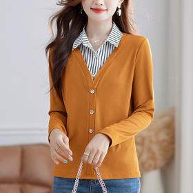 撞色拼接假两件衬衫领针织衫，设计感通勤上衣打底衫TR-HGH6993