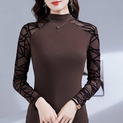 雀说洋气拼接半高领T恤女打底衫女新款内搭长袖上衣修身小衫AL43886 商品图2