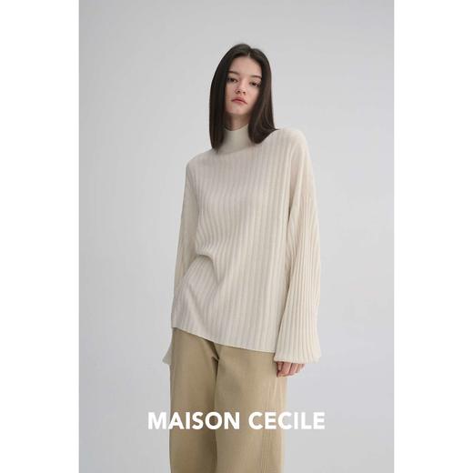 MAISON CECILE 羊绒羊毛针织半高领慵懒感立体条纹灯笼袖针织毛衣 商品图1