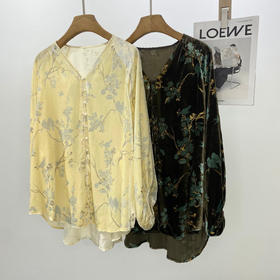 双色新款真丝丝绒灯笼袖印花外套复古新中式V领汉服唐装雅韵上衣