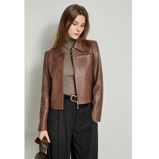 丁摩 真皮绵羊皮短款显瘦正肩方领休闲皮衣女外套夹克671 商品图4