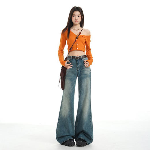 罗蒙女士牛仔裤美式复古蓝微喇阔腿高腰宽松垂感百搭拖地喇叭长裤 商品图3