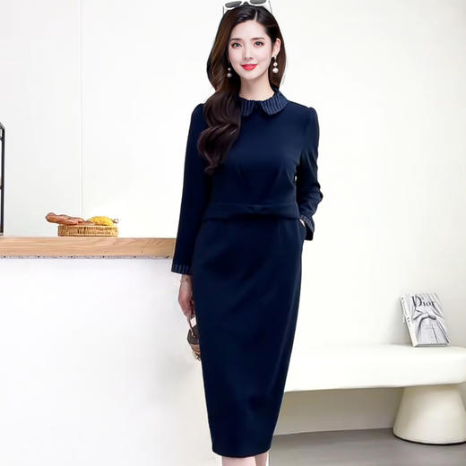 QYMYJ-25S20-Y娃娃领假两件连衣裙2025年春秋季新款女士优雅长袖中长款连衣裙 商品图0