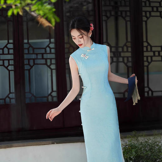 2025春夏新款中国风仿天丝长款复古旗袍女装改良修身连衣裙双层 商品图4