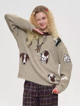 local tag/It24awk36b/小狗的派对提花卷边领毛衣套头上衣