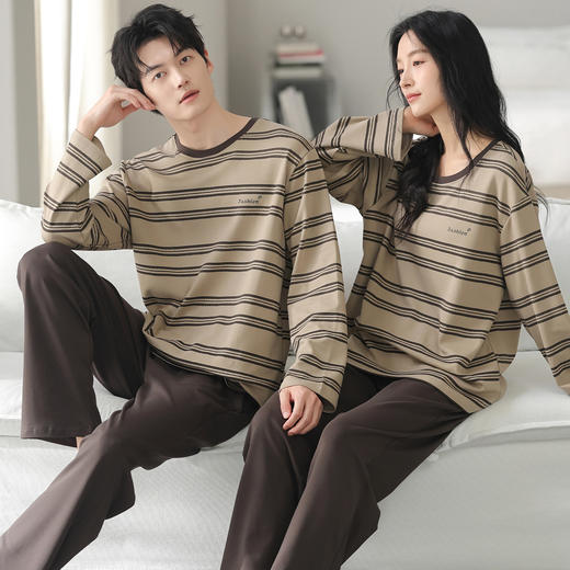 雀说 纯棉睡衣情侣春秋季条纹爽棉高级感家居服套装 商品图2