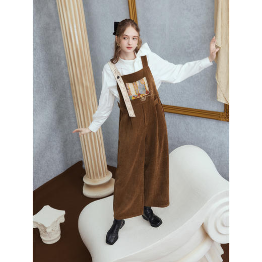 两三事梵高文艺慢调旧金山2025冬新款刺绣印花口袋不对称背带裤女 商品图1