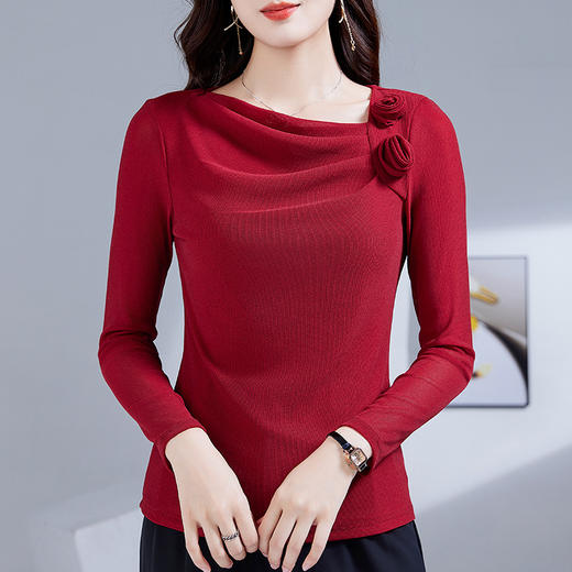 雀说新款玫瑰花荡领弹力网纱时尚洋气百搭纯色长袖T恤女上衣AL46006 商品图3