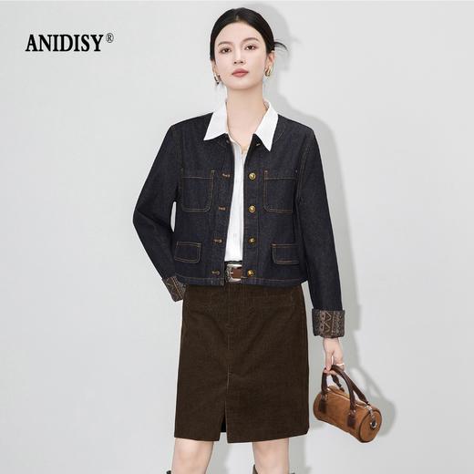 复古拼接圆领长袖单排扣牛仔短款外套 商品图2