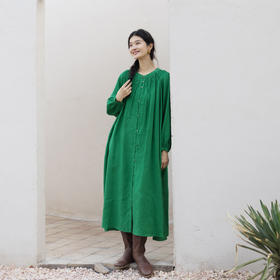 绽放697朵/纯亚麻慵懒感复古领口打揽灯笼宽松开门襟长袖连衣裙女