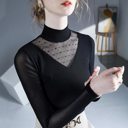 雀说新款半高领网纱长袖打底衫时尚内搭打底小衫女式上衣AL36222 商品图1