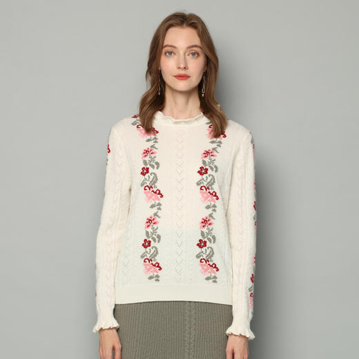 羚荌渼半高领嵌花花边领女羊绒衫 商品图1