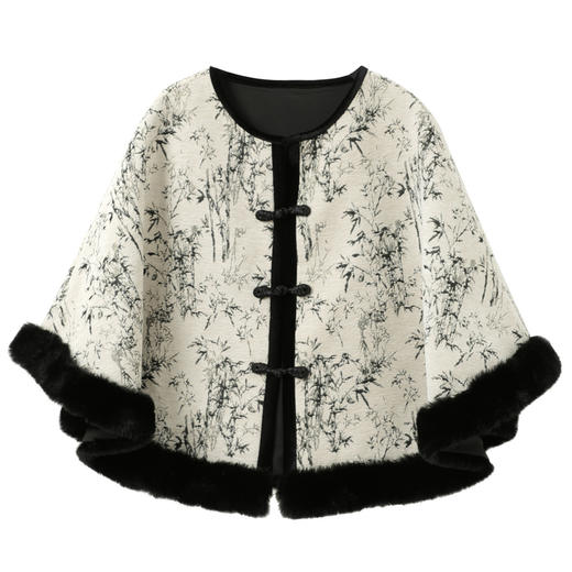 三彩2025新款国风复古外搭水墨竹纹披肩保暖女氛围感盘扣毛绒边 商品图4