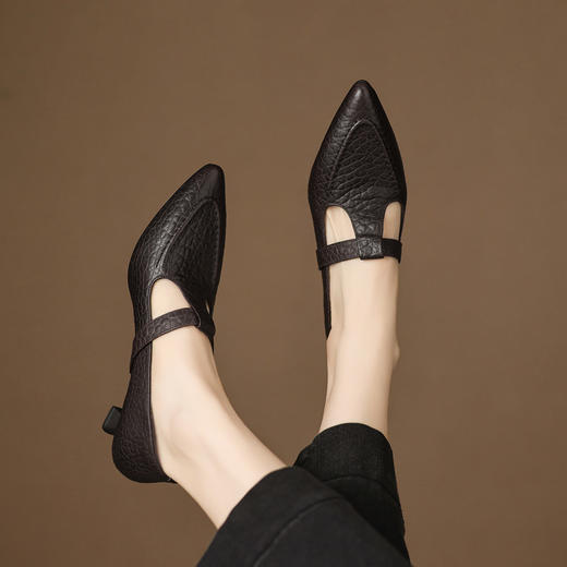 【预售5天】秋季新款5cm气质法式羊皮尖头浅口丁字带粗跟通勤优雅单鞋JLY&18-783 商品图4