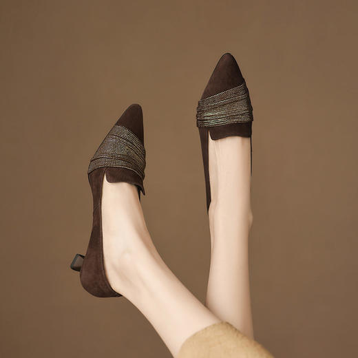 【预售5天】秋季新款法式尖头中口单鞋女水钻粗跟软底不累脚通勤鞋JLY&18-785 商品图2