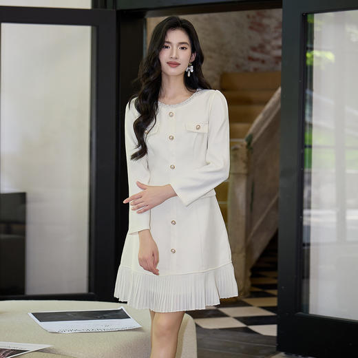 奢姿大码女装2025秋季减龄钉珠百褶拼接连衣裙胖妹妹时尚圆领裙子9953853680 商品图1