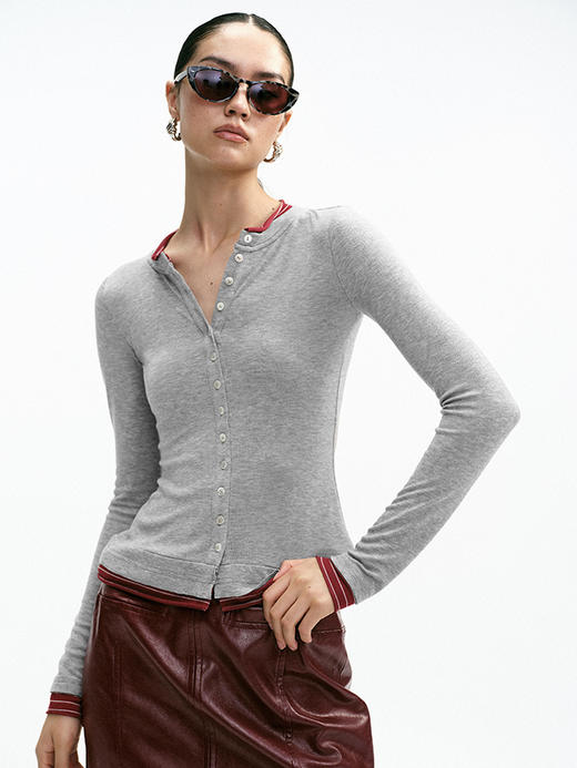 TR她热 智性辣妹 灰红撞色天丝羊毛弹力修身显瘦开衫打底 商品图4