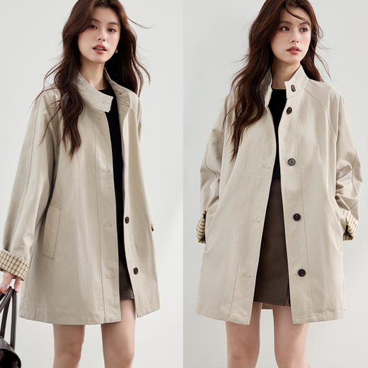 VICTORIA&VERA秋季【尘织象限】格子袖立领风衣卡其色全棉中长款肌理廓形通勤必备 商品图5