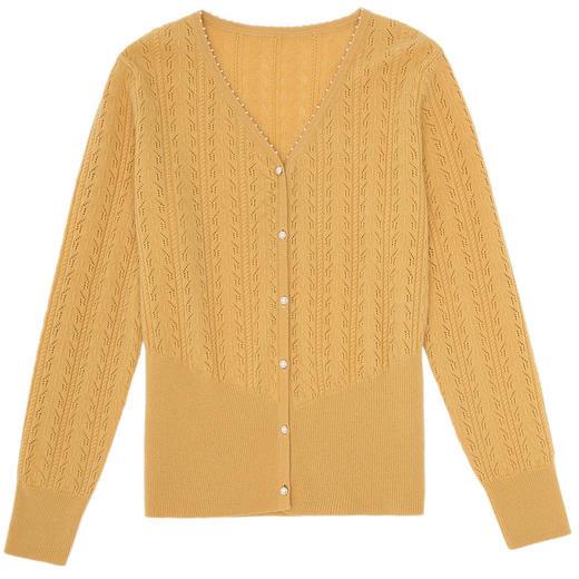 羚荌渼V领移针挑洞手工钉珠羊绒开衫 商品图4