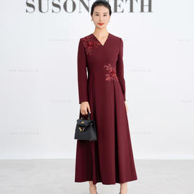 YBY 885C47连衣裙时尚贴花气质V领礼服裙