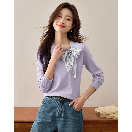 【专属特价】熙世界设计感丝巾领带针织衫女长袖遮肉显瘦别致上衣2025秋季新款 商品图3